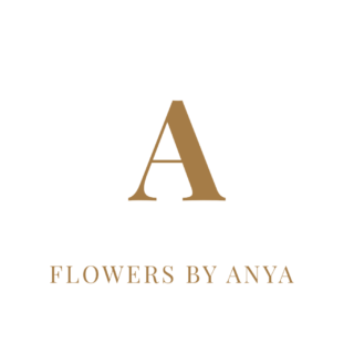 Luxury wedding florist Somerset logo reading “FLOWERS BY ANYA” with a champagne gold monogram A on a clean background